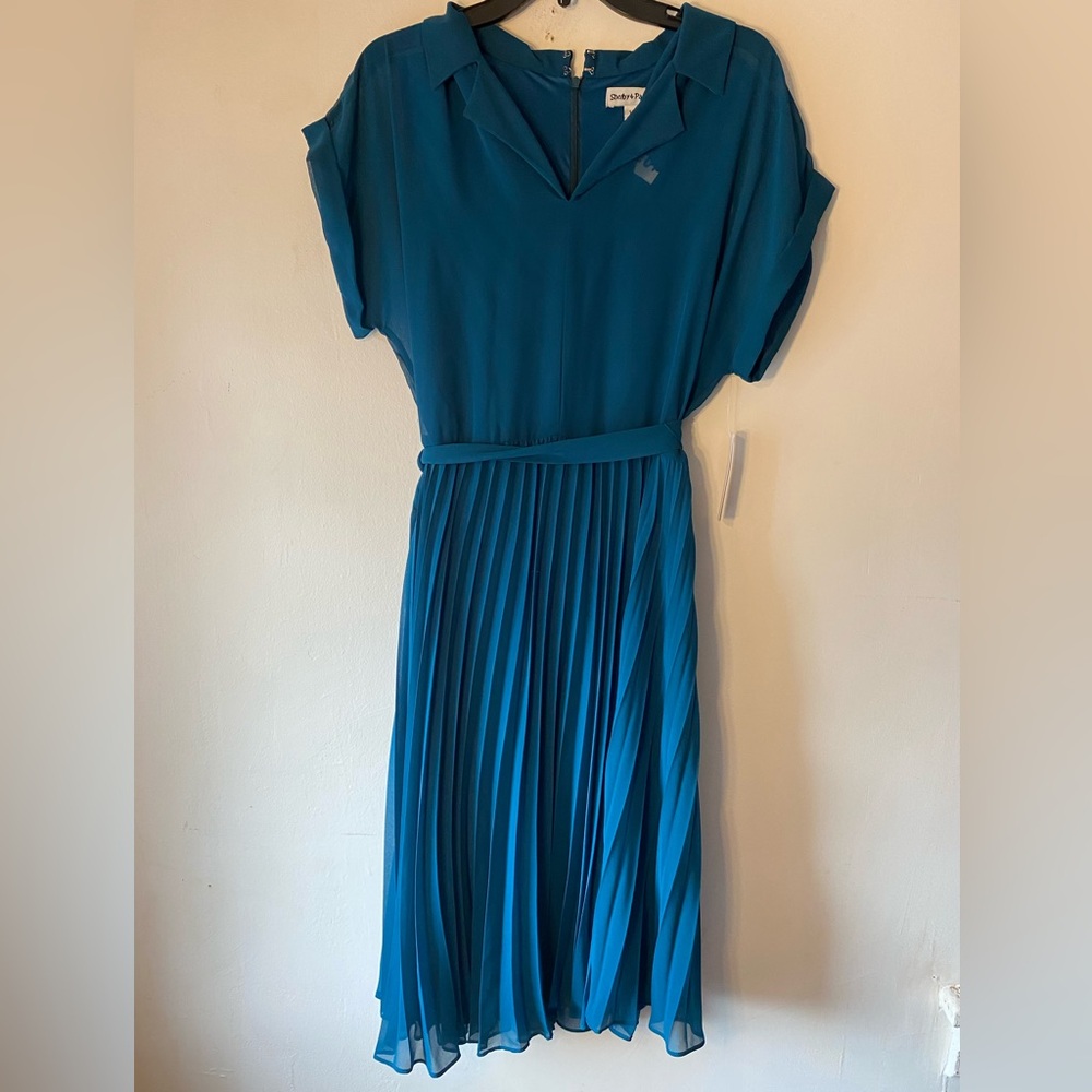 Shelby Palmer‎ Maxi Dress Short Sleeve Turquoise Chiffon Full Pleated Skirt SZ M